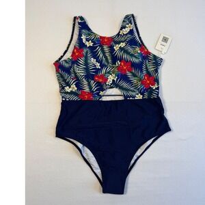Tropical Floral NWT Cupshe XXL One Piece Swimsuit Navy Blue Red Cutout Hibiscus
